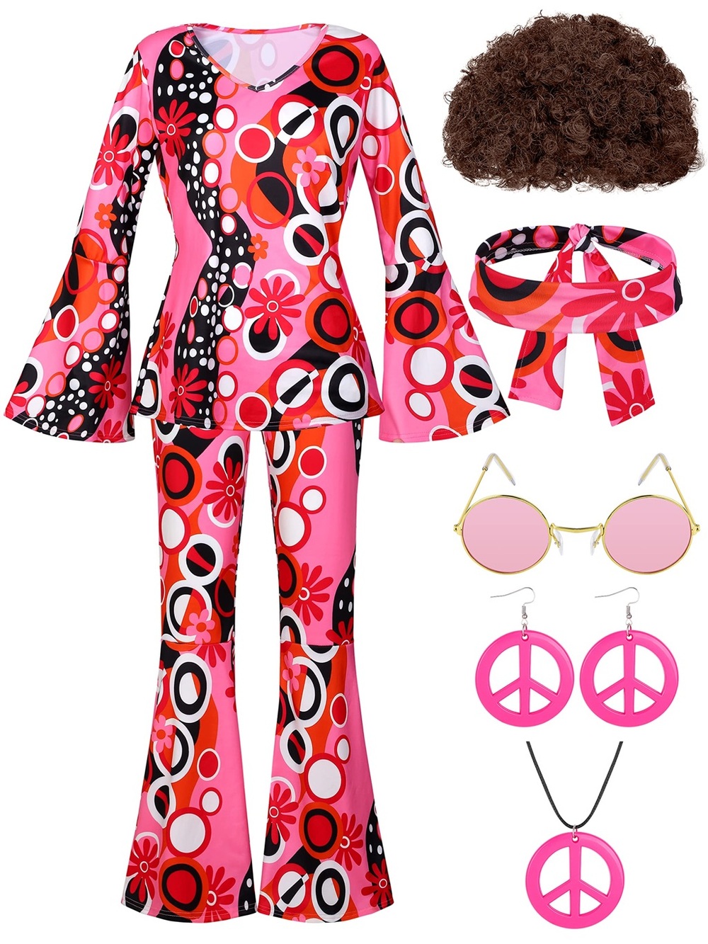 7 Piece Hippie 70s Disco Costume Women’s Size L Pink Halloween Cosplay